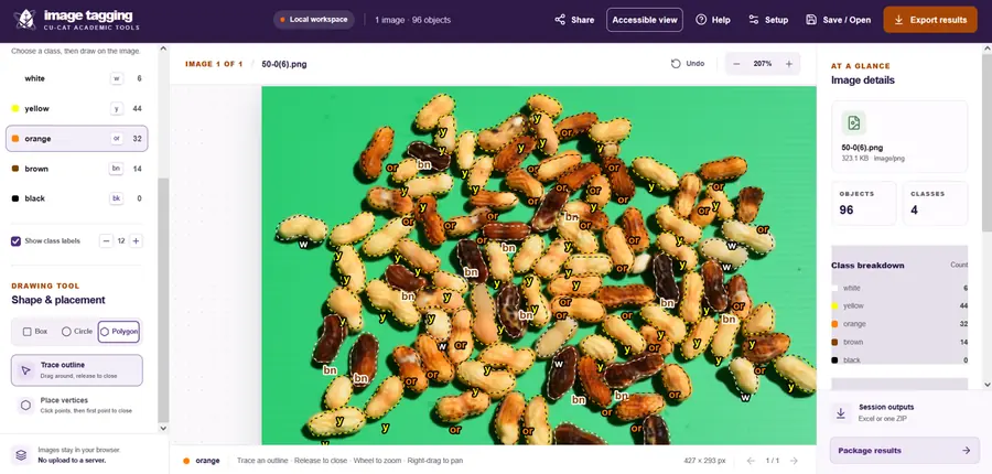 Image Tagging & Counting workspace showing peanut pods outlined with polygons and classified by maturity color.